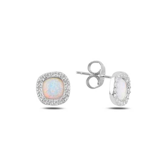 Ürün resmi: Rodyum Kaplama Kare Opal & Zirkon Taşlı Gümüş Küpe