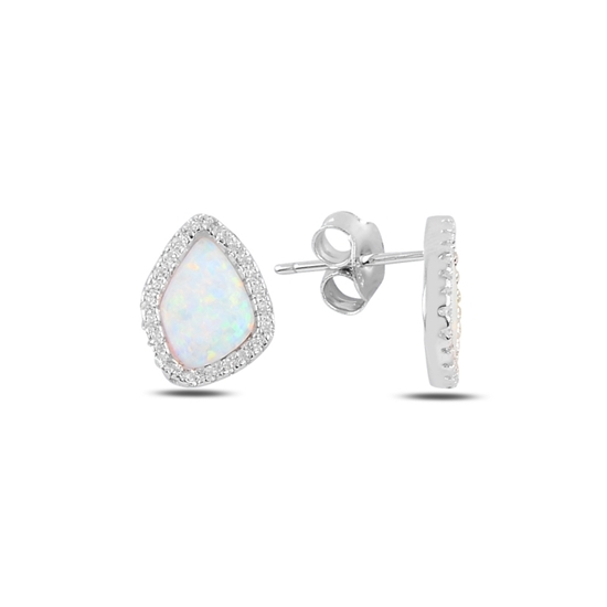 Ürün resmi: Rodyum Kaplama Asimetrik Opal & Zirkon Taşlı Gümüş Küpe