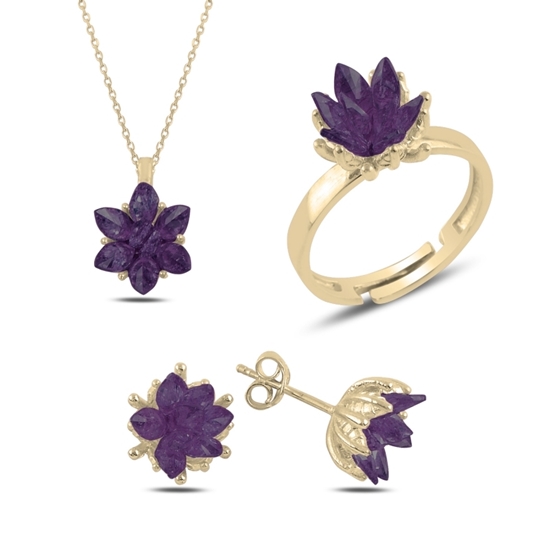 Ürün resmi: Altın Kaplama Zirkon Taşlı Lotus Çiçeği Gümüş Bayan Set