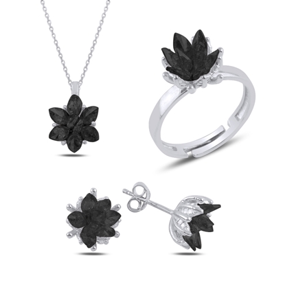 Resim Rodyum Kaplama Zirkon Taşlı Lotus Çiçeği Gümüş Bayan Set