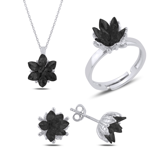 Ürün resmi: Rodyum Kaplama Zirkon Taşlı Lotus Çiçeği Gümüş Bayan Set