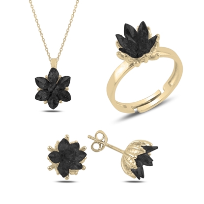 Resim Altın Kaplama Zirkon Taşlı Lotus Çiçeği Gümüş Bayan Set