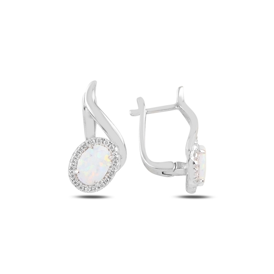 Ürün resmi: Rodyum Kaplama Beyaz Opal & Zirkon Taşlı Gümüş J Küpe