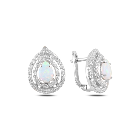 Ürün resmi: Rodyum Kaplama Damla Beyaz Opal & Zirkon Taşlı Gümüş J Küpe