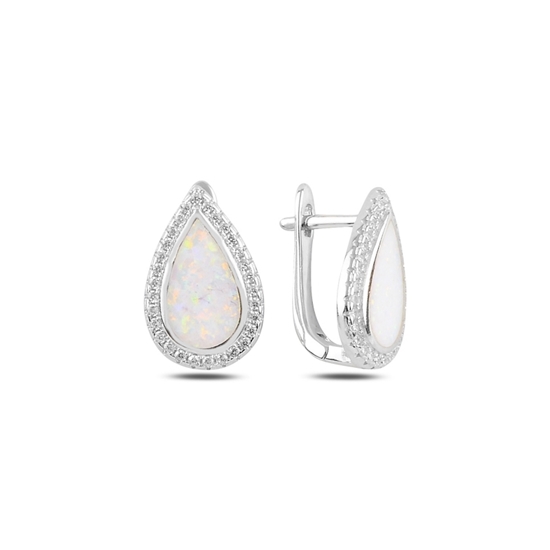 Ürün resmi: Rodyum Kaplama Damla Beyaz Opal & Zirkon Taşlı Gümüş J Küpe