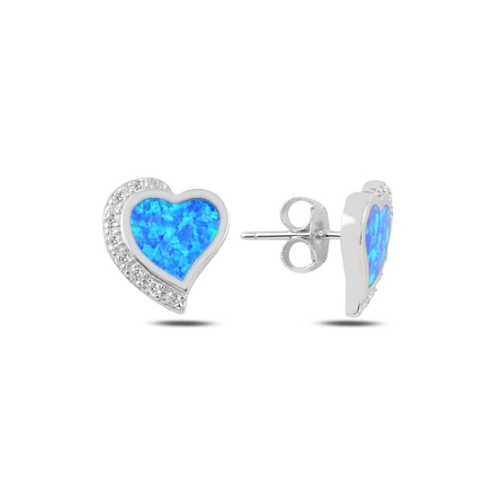 Ürün resmi: Rodyum Kaplama Kalp Opal & Zirkon Taşlı Çivili Gümüş Küpe