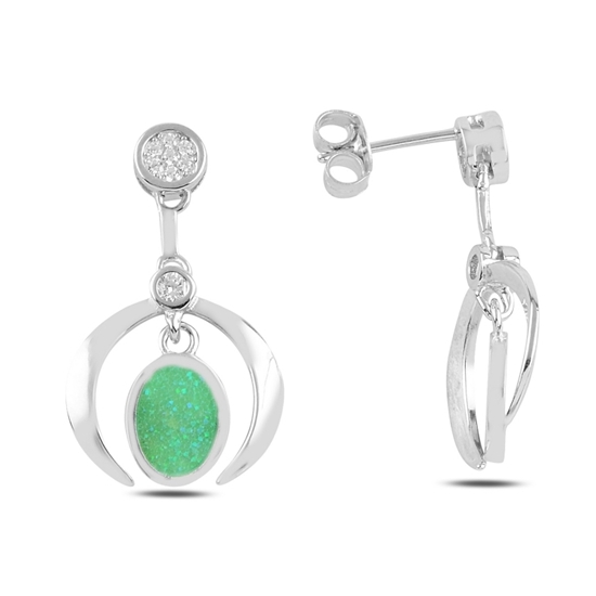 Ürün resmi: Rodyum Kaplama Yeşil Opal & Zirkon Taşlı Sallantılı Çivili Gümüş Küpe