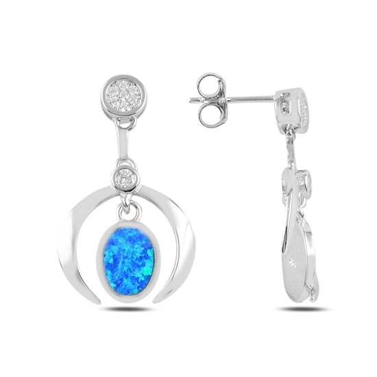 Ürün resmi: Rodyum Kaplama Opal & Zirkon Taşlı Sallantılı Çivili Gümüş Küpe