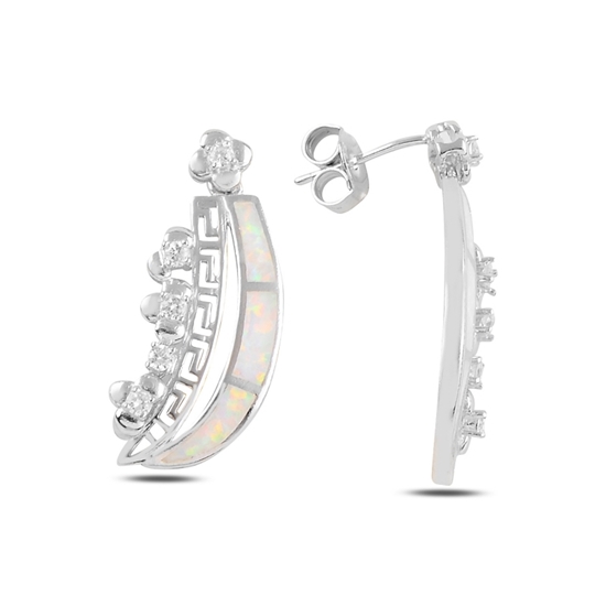 Ürün resmi: Rodyum Kaplama Beyaz Opal & Zirkon Taşlı Sallantılı Çivili Gümüş Küpe