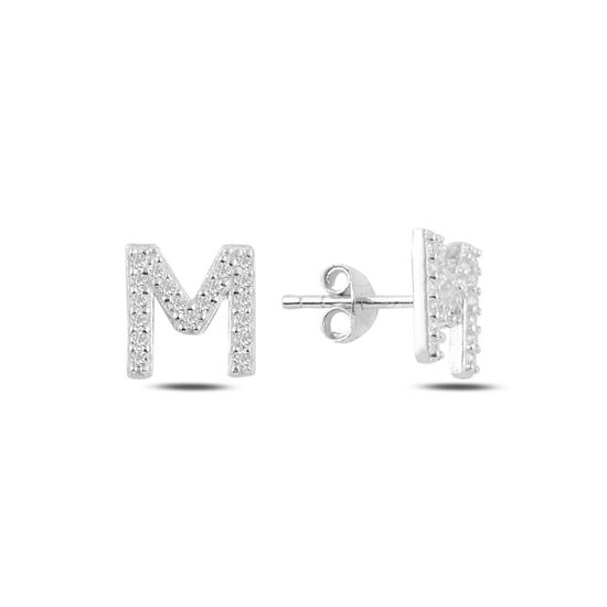 Ürün resmi: Rodyum Kaplama -M- Harfi Gümüş Küpe