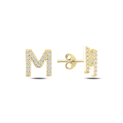 Resim Altın Kaplama -M- Harfi Gümüş Küpe
