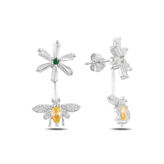 Ürün resmi: Rodyum Kaplama Kelebek ve Çiçek Zirkon Taşlı Gümüş Küpe