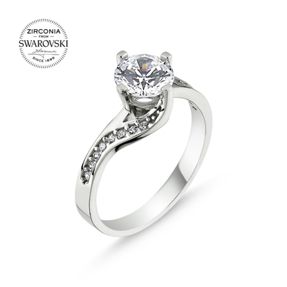 Resim Rodyum Kaplama Swarovski Zirkon Taşlı Tektaş Gümüş Bayan Yüzük