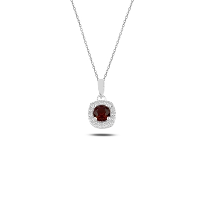 Resim Rodyum Kaplama Garnet Zirkon (Koyu Kırmızı) Tektaş Renkli Zirkon Taşlı Gümüş Bayan Kolye