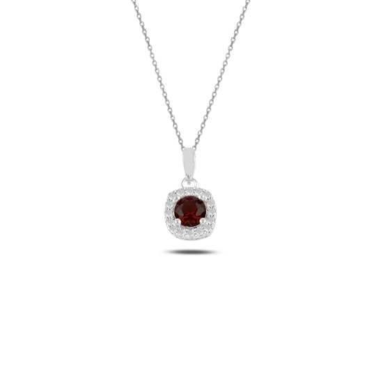 Ürün resmi: Rodyum Kaplama Garnet Zirkon (Koyu Kırmızı) Tektaş Renkli Zirkon Taşlı Gümüş Bayan Kolye