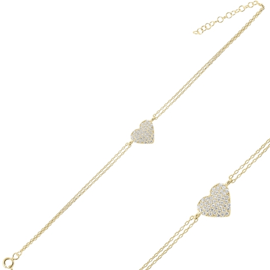 Ürün resmi: Altın Kaplama Kalp Zirkon Taşlı Çift Sıra Gümüş Bayan Zincir Bileklik