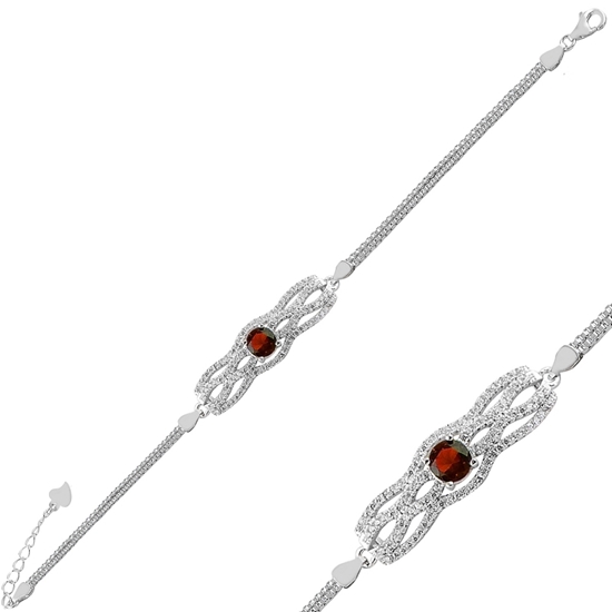 Ürün resmi: Rodyum Kaplama Garnet Zirkon (Koyu Kırmızı) Zirkon Taşlı Gümüş Bayan Bileklik