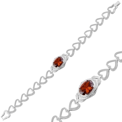 Resim Rodyum Kaplama Garnet Zirkon (Koyu Kırmızı) Zirkon Taşlı Gümüş Bayan Bileklik