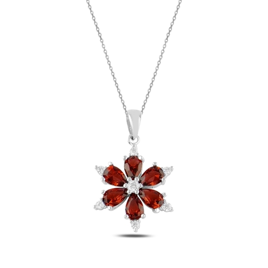 Ürün resmi: Rodyum Kaplama Garnet Zirkon (Koyu Kırmızı) Kar Tanesi Renkli Damla Zirkon Taşlı Gümüş Bayan Kolye