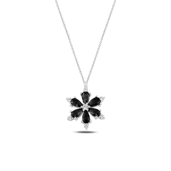 Ürün resmi: Rodyum Kaplama Lotus Çiçeği Siyah Zirkon Taşlı Gümüş Bayan Kolye