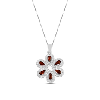 Resim Rodyum Kaplama Garnet Zirkon (Koyu Kırmızı) Zirkon Taşlı Gümüş Bayan Kolye