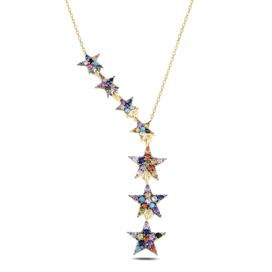 Ürün resmi: Altın Kaplama Kayan Yıldızlar Renkli Zirkon Taşlı Sallantılı Gümüş Bayan Kolye