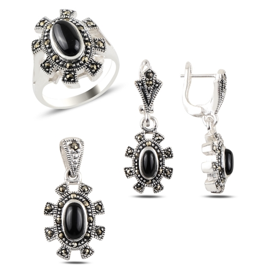 Ürün resmi: Oniks & Markazit Taşlı Gümüş Bayan Set