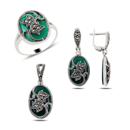 Ürün resmi: Yeşil Akik & Markazit Taşlı Gümüş Bayan Set