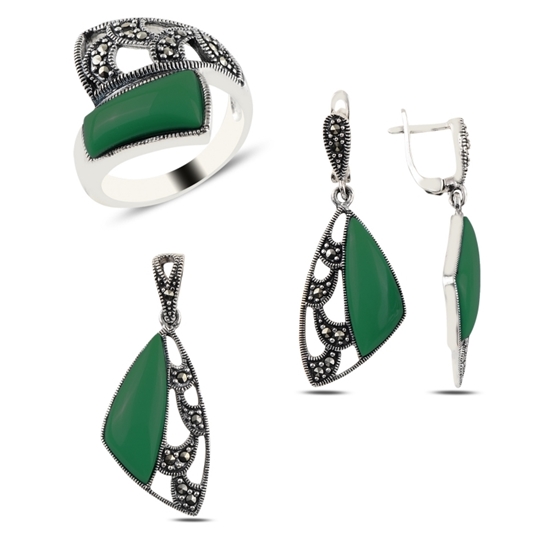 Ürün resmi: Yeşil Akik & Markazit Taşlı Gümüş Bayan Set