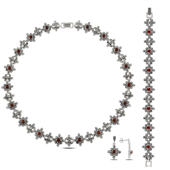 Ürün resmi: Markazit & Kırmızı Akik Taşlı Gümüş Bayan Set