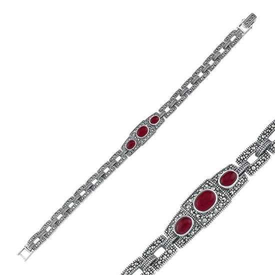 Ürün resmi: Kırmızı Akik & Markazit Taşlı Gümüş Bayan Bileklik