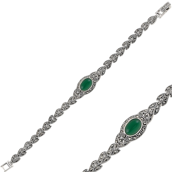 Ürün resmi: Yeşil Akik & Markazit Taşlı Gümüş Bayan Bileklik