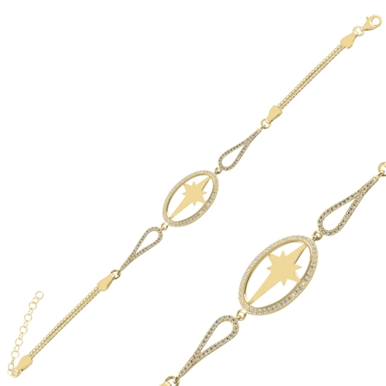 Ürün resmi: Altın Kaplama Kutup Yıldızı Zirkon Taşlı & Küp Gümüş Bayan Zincir Bileklik