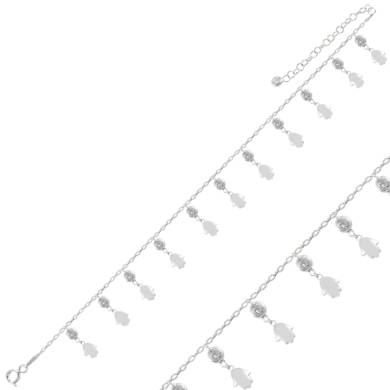 Ürün resmi: Rodyum Kaplama Sallantılı Fatma Ana Eli & Zirkon Taşlı Halhal