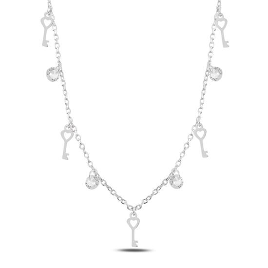 Ürün resmi: Rodyum Kaplama Sallantılı Anahtar & Zirkon Taşlı Gümüş Bayan Kolye