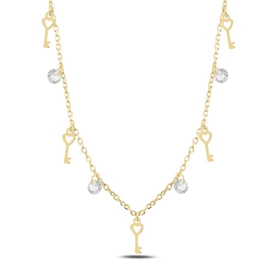 Ürün resmi: Altın Kaplama Sallantılı Anahtar & Zirkon Taşlı Gümüş Bayan Kolye