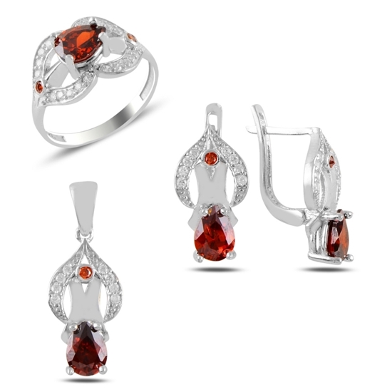 Ürün resmi: Rodyum Kaplama Garnet Zirkon Taşlı Gümüş Bayan Set