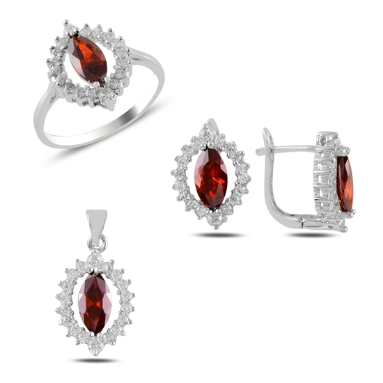 Ürün resmi: Rodyum Kaplama Garnet Zirkon Taşlı Gümüş Bayan Set