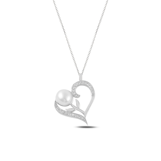 Ürün resmi: Rodyum Kaplama Kalp İnci & Zirkon Taşlı Gümüş Bayan Kolye
