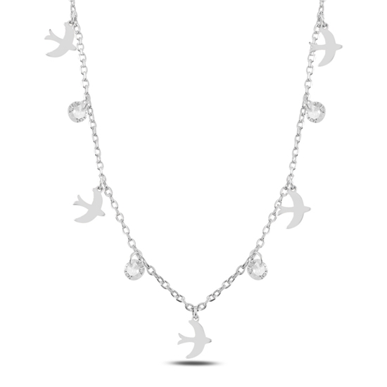 Ürün resmi: Rodyum Kaplama Sallantılı Kuş & Zirkon Taşlı Gümüş Bayan Kolye