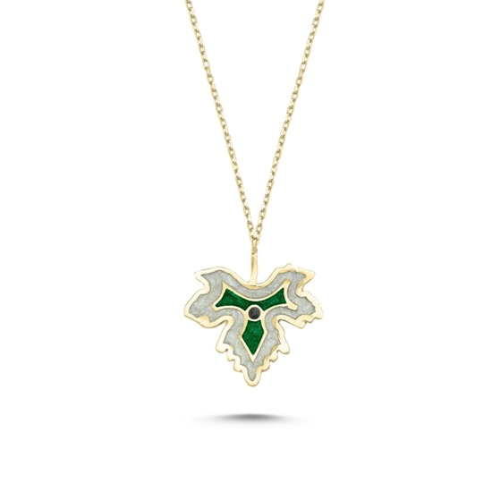 Ürün resmi: Altın Kaplama Çınar Yaprağı Simli Yeşil Mineli Gümüş Bayan Kolye
