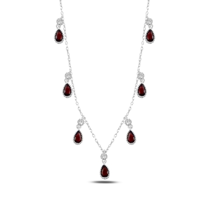 Resim Garnet Zirkon (Kırmızı) Damla Zirkon Taşlı Sallantılı Gümüş Bayan Kolye