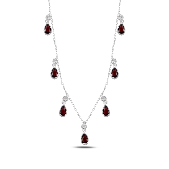 Ürün resmi: Garnet Zirkon (Kırmızı) Damla Zirkon Taşlı Sallantılı Gümüş Bayan Kolye