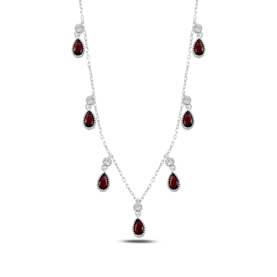 Ürün resmi: Garnet Zirkon (Kırmızı) Damla Zirkon Taşlı Sallantılı Gümüş Bayan Kolye