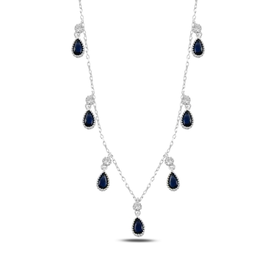 Ürün resmi: Safir Zirkon (Lacivert) Damla Zirkon Taşlı Sallantılı Gümüş Bayan Kolye