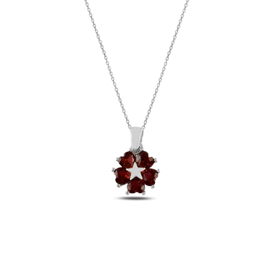 Ürün resmi: Rodyum Kaplama Garnet Zirkon (Kırmızı) Kalp Zirkon Taşlı Çiçek & Yıldız Gümüş Bayan Kolye