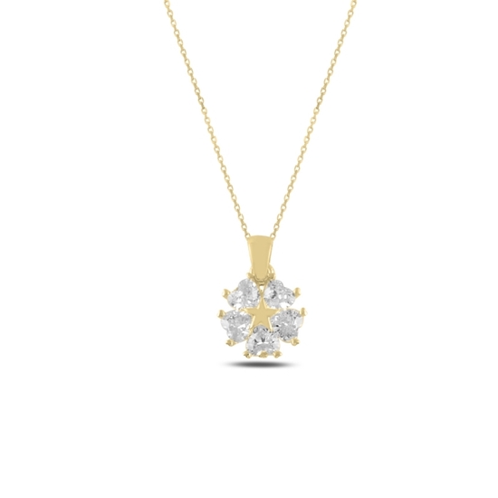 Ürün resmi: Altın Kaplama Kalp Zirkon Taşlı Çiçek & Yıldız Gümüş Bayan Kolye