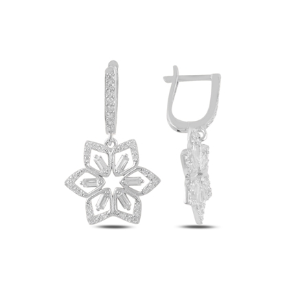 Resim Rodyum Kaplama Çiçek Baget Zirkon Taşlı Gümüş Sallantılı Küpe