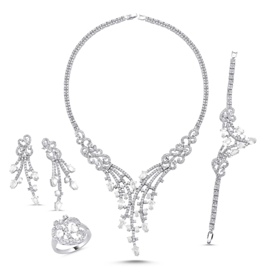 Ürün resmi: Rodyum Kaplama Beyaz Zirkon Taşlı Gümüş Dörtlü Gümüş Bayan Set