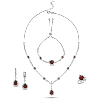 Resim Rodyum Kaplama Garnet Zirkon (Koyu Kırmızı) Damla Zirkon Taşlı Gümüş Bayan Set